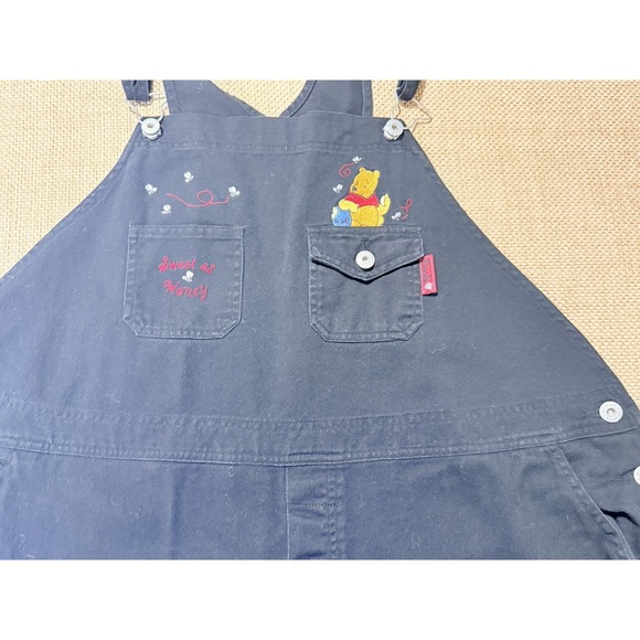 Vtg Disney Winnie The Pooh Bib Overalls Women 22 Plus Black Embroidered 90s Y2K